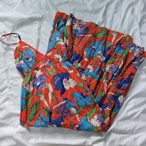 Red And Blue Floral Patterned Sweetheart Strappy Maxi Tiered Lined Dress